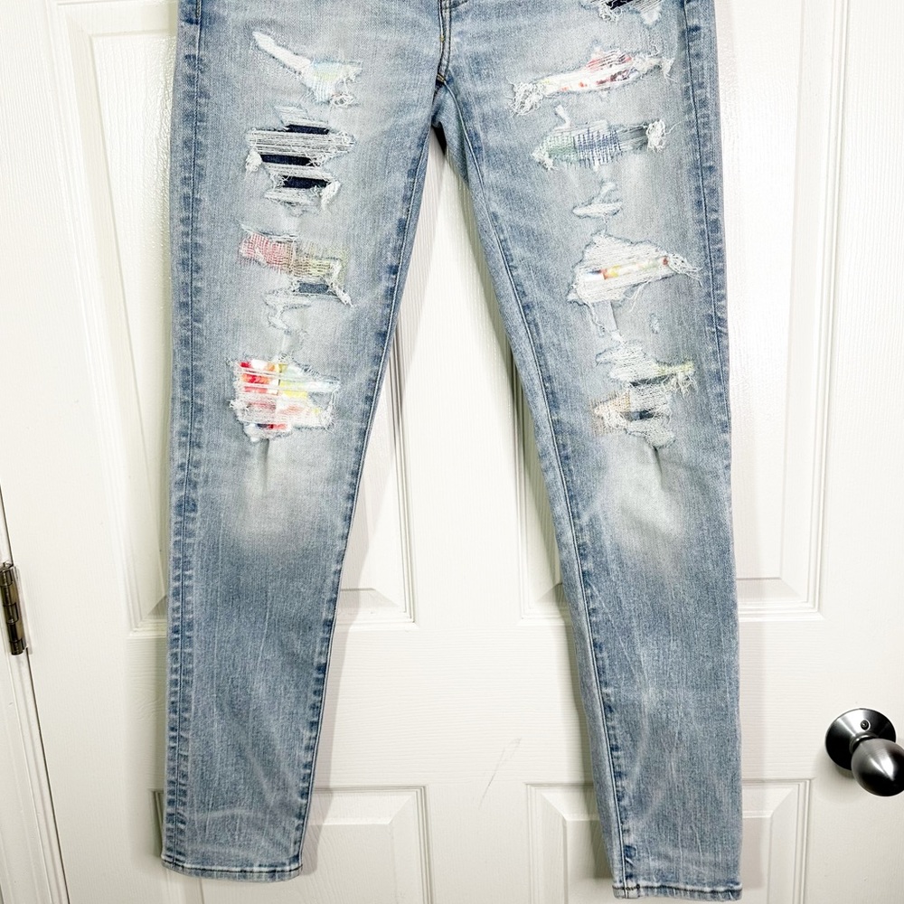 NWOT American Eagle Airflex+ Patched Athletic Skinny Jeans Light Blue Mens 29x32 - Picture 7 of 12